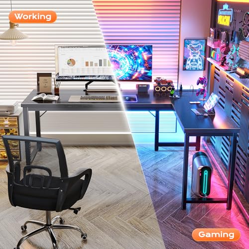 Huuger 63 Inch L Shaped Desk with Power Outlets and USB-C Port, Reversible Computer Desk, Larger Office Corner Gaming Desk, 0.95 Inch Thicker Desktop, Metal Frame, for Home Office, Study, Black