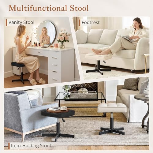 LUE BONA Adjustable Vanity Stool, Foot Rest Under Desk, 360° Swivel Vanity Chair for Makeup Room, Black Upholstered Faux Leather Ottoman for Bathroom & Living Room, 300lbs