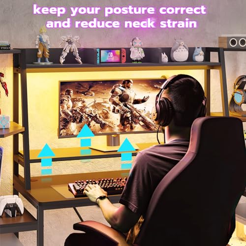SEDETA Gaming Desk 65.7'' with LED Lights, Hutch and Storage Shelves, Computer Desk with Monitor Stand, Large PC Gamer Desk Workstation, Ergonomic Gaming Table for Bedroom, Living Room, Black