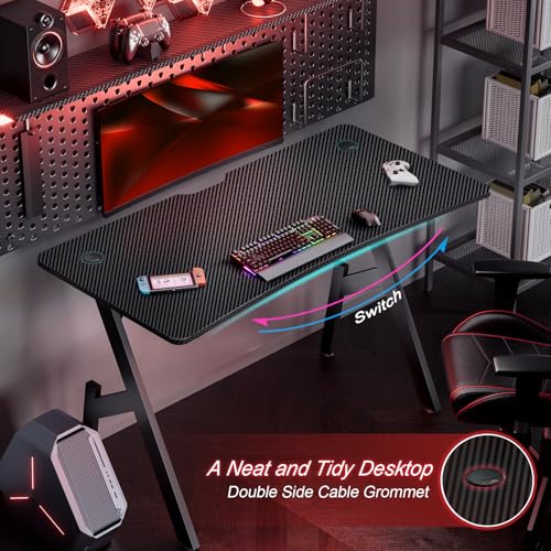 HLDIRECT 47 Inch Gaming Desk, Large Computer Gaming Desk Table with Cable Management, Ergonomic Carbon Fiber Gamer Table Pc Work Home Office Desks with Cup Holder & Headphone Hook & Mouse Pad, Black