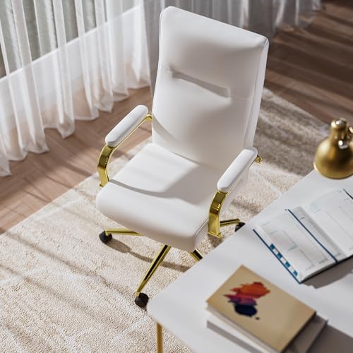 GXJ White and Gold Office Chair with Memory Foam Seat, Computer Desk Chair