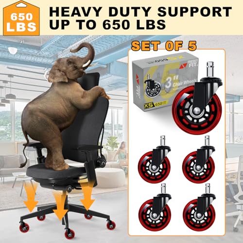 FreekyFit Office Chair Wheels for Casters Replacement - 3" Rubber Wheels for Computer Gaming Desk Caster Smooth & Safe Rolling for All Floors Including Hardwood and Carpet - Set of 5 - Red