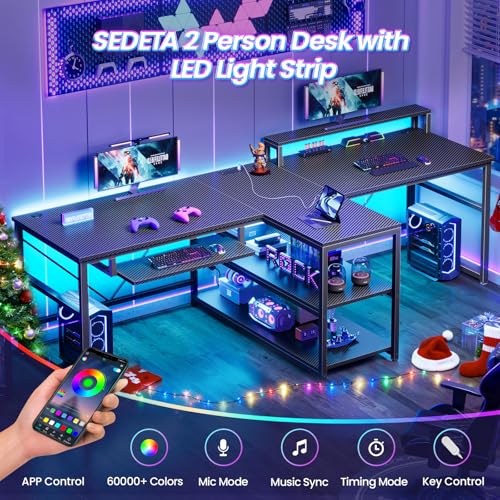SEDETA 94.5" Gaming Computer Desk, 2 Person Office Desk with Storage, LED Lights, Power Strip, Long Desks with Keyboard Tray & Monitor Stand for Home Office, Carbon Fiber Black
