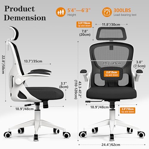 Ergonomic Office Chair, High Back Desk Chair with Flip-up Arms, 300 LBS Mesh Computer Chair with Adjustable Headrest & Lumbar Support, Comfy Gaming Chair for Adults, Home Office Desk Chairs (White)