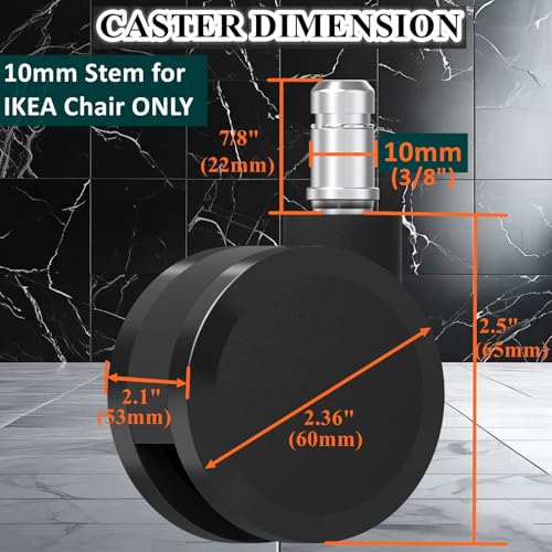 Office Chair Wheels 10mm Stem, 2.36"(60mm) Casters Compatible with 1KEA Chairs ONLY, 10mm(3/8") x22mm(7/8") Stem Replacement Chair Casters for Carpet and Hardwood Floors(Set of 5)
