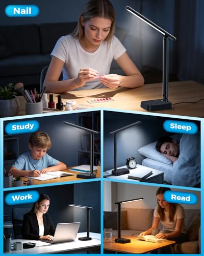 LED Desk Lamp with Power Strip, 3 AC Outlets & 4 USB Ports (2 USB-C), Stepless Dimming & 2800K-6500K Eye-Caring Desk Light, Foldable Table Lamp with 5FT Cord for Home Office, Dorm Room Essentials