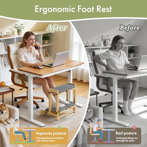 Atoping Double Step Foot Rest Under Desk, Adjustable Wooden Desk Foot Rest with 4 Heights, Ergonomic Foot Stool with Cushion for Office, Gaming & Study (Natural Color)