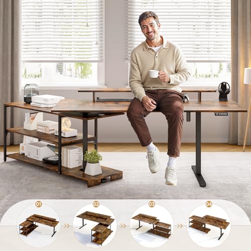 ONBRILL L Shaped Standing Desk with File Cabinet, 63x24'' Electric Stand Up Desk with Monitor and Storage Shelf, Adjustable Height 28-46'' for Home and Computer Workstation, Rustic Brown
