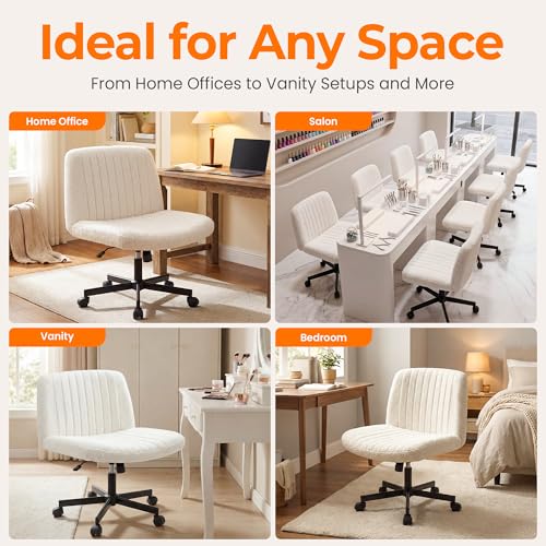 NEO CHAIR Criss Cross Chair with Wheels Home Office Cross Legged Armless Chairs Adjustable Computer Desk Wide Seat for Bedroom Vanity Comfy Swivel (Teddy White)