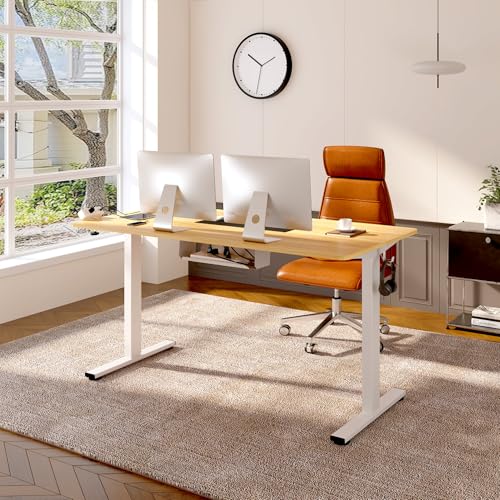 FLEXISPOT EN2 Whole-Piece Standing Desk with Clamp Power Strip, 55 x 28 Electric Stand Up Height Adjustable Desk with Cable Management (White Frame + 55" Maple Top, 2 Packages)