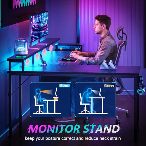 Korfile 66'' L Shaped Gaming Desk with Drawers and Storage Shelves, Reversible Corner Desk with Power Outlets and Host Stand, Large Computer Desk with Led Lights for Gaming, Work, Home Office, Black