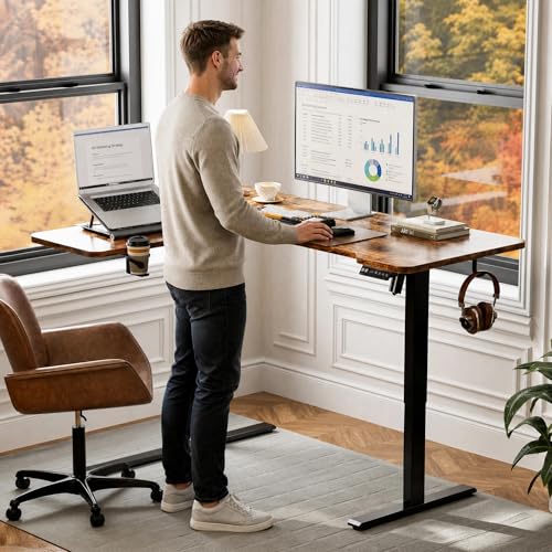 Acrolix L Shaped Electric Standing Desk - 59x40 Inch Reversible Corner Sit Stand Desk with Hook&Cup Holder,Electric Height Adjustable Table,for Home Office Gaming Computer Desk, Rustic Brown