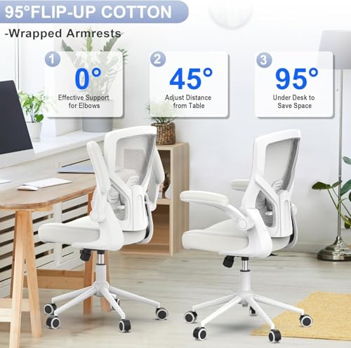 QLTPLUS Office Chair for Long Hours & Lower Back Pain Relief – 4" Thick Molded Foam Cushion, Padded Lumbar Support and Flip-up Armrests, Ideal for Office or Study (Modern, White)