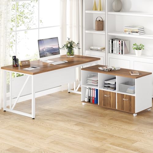 Tribesigns 63-Inch Executive Computer Desk with 47-Inch Lateral File Cabinet, Large Workstation Business Furniture, L Shaped Desk with Drawers and Storage Shelves for Home Office, Walnut & White