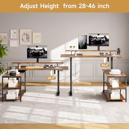 ONBRILL L Shaped Standing Desk with File Cabinet, 63x24'' Electric Stand Up Desk with Monitor and Storage Shelf, Adjustable Height 28-46'' for Home and Computer Workstation, Rustic Brown