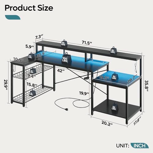 Bestier LED Gaming Desk with Power Outlets, 71 inch L Shaped Computer Desk with Monitor Stand, Large Desk with Printer Stand Adjustable Shelf, Cup Holder & Hooks, Home Office Desk Black