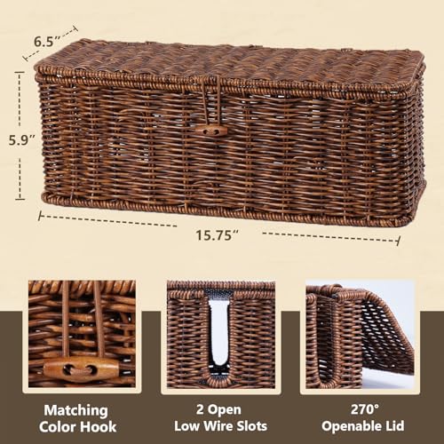 BROWNLILY Cable Management Box, Rattan Style Cord Organizer for Desk Cord Hider Outlet Covers Baby Proofing for Power Strip TV PC Router Charger Under Desk Storage with Lockable Lid and Cable Ties