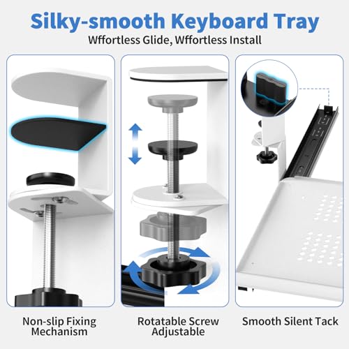 Strifuture Keyboard Tray Under Desk - Full Metal Slide Out Holder, Rust-Resistant & Scratch-Proof, Double C-Clamps, 26x13" Tray for L Shape/Regular Desks, Standing/Sitting Workstation(White-B)