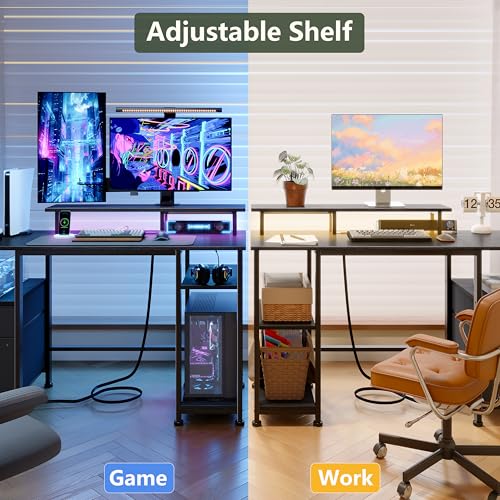 Furologee 51" Gaming Desk with Power Outlets & LED Lights, Reversible Computer Desk with File Cabinet & Monitor Stand for Home Office, Large Work Table with Storage Shelves & Drawer, Black