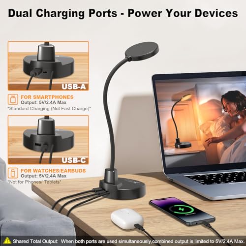 15W LED Desk Lamp with USB Charging Ports – Dimmable Table Lamp with 3 Color Temps, 5 Brightness, 4 Timers, Flexible Gooseneck Light with Base, Eye-Caring Reading Light for Home Office, Bedroom, Study