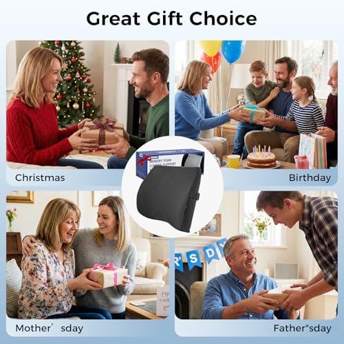 TISHIJIE Lumbar Support Pillow for Car & Office Chair - High-Density Memory Foam Back Cushion for Sciatica & Lower Back Pain Relief - Non-Slip Support for Long Commutes & Desk Workers (Black)