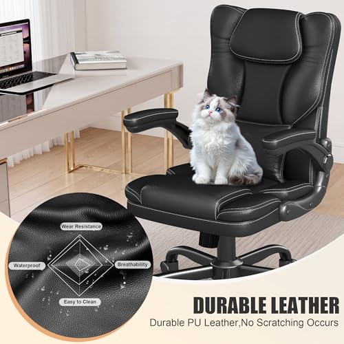 Ergonomic Office Chair with Flip-up Armrests, 300lbs Mid Back Computer Office Desk Chair with Lumbar Support, Executive Leather Chair with Rocking Function Adjustable Height for Home Office