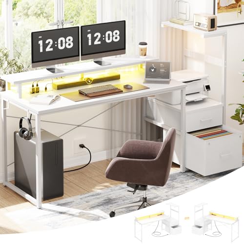Aheaplus Gaming Desk with LED Strip & Power Outlet, 59Inch Reversible Computer Desk with Monitor Stand & Storage Shelves, Home Office Desks with Fabric File Drawer, Gamer Table PC Desk, White