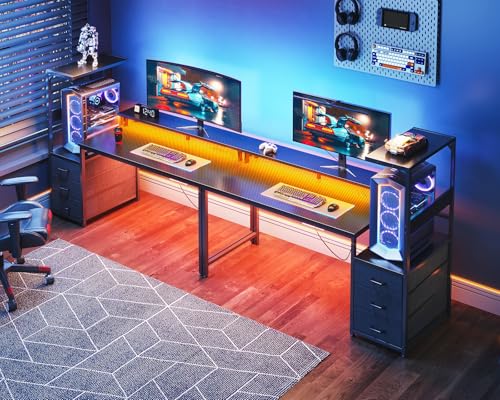 AODK 59 Inch Gaming Desk with LED Light- Reversible Computer Desk with Storage Shelves & Monitor Stand, Modern Gamer Desk Table with Fabric Drawers, Black