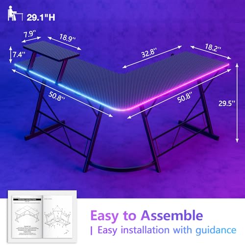Mr IRONSTONE Gaming Desk with LED Lights, L Shaped Desk Corner with Cup Holder & Headphone Hook, Computer Desk Home Office Desks with Large Monitor Stand, Carbon Fiber Surface, Black 51 Inch