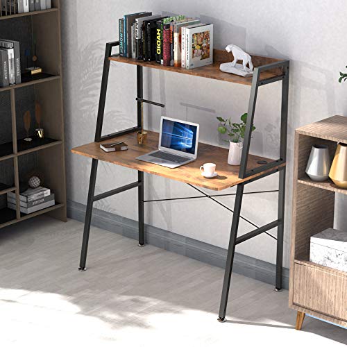 EUREKA ERGONOMIC,43 Inch 2-Tier Home Office Students Study Writing PC Gaming Table with Bookshelf Small Computer Ladder Desk with Storage Shelves,Modern Workstation for Space Saving, Rustic Brown