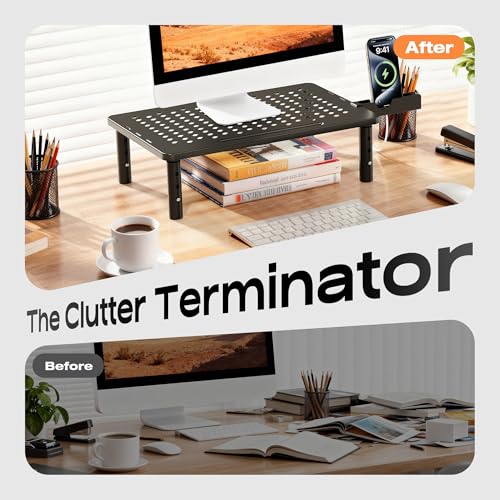 Canyora Computer Monitor Stand Riser for Desk, 3 Height Adjustable PC Laptop TV Desktop Monitor Stand Shelf, Metal Printer Table with Phone Holder, Stand Riser for Desk, Office Desk Organizers and Accessories, 2 Pack