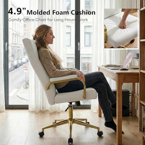 GXJ White and Gold Office Chair with Memory Foam Seat, Computer Desk Chair