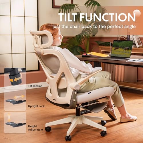 FLEXISPOT Foldex Ergonomic Office Chair, Folding Chair for Small Spaces with Lumbar Support, Flip-up Armrests, 3D Headrest, Desk Chairs with Footrest for Work,Video Game (Foam Seat, Cream)