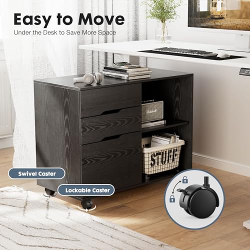 DUMOS Lateral File Cabinet with 3 Drawers Rolling Filing Cabinets Under Desk Storage Printer Stand Wood Organizer with Wheels Adjustable Shelf for Office Home Small Space, Black