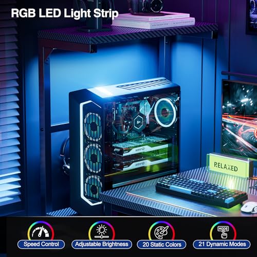 Grandder Gaming Desk 41 Inch with CPU Stand and LED Light, Computer Desk with Reversible Shelves and Storage Drawer, Pc Small Desk for Home Office Table with Bag, Carbon Fiber Black