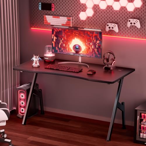 HLDIRECT 40 Inch Gaming Desk, Small Computer Gaming Desk Table with Cable Management, Ergonomic A Shape Modern Carbon Fiber Gamer Table Pc Workstation Home Office Desks for Small Space, Black