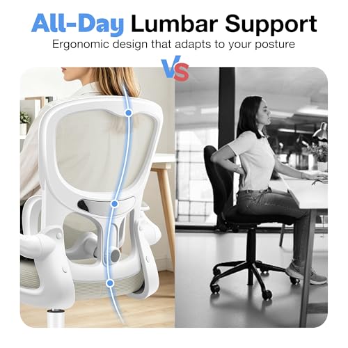 ALLGOD Ergonomic Office Chair, Breathable Mesh Ergonomic Desk Chair with Adjustable Lumbar Support, Flip-up Armrests, Computer Chairs Comfortable for Home, Office, Work, 300lbs, White, Upgrade