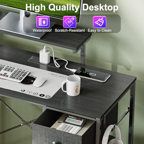 X-cosrack 33.5" Small Gaming Desk with LED Lights & Power Outlets, Compact Computer Desk with Monitor Stand & CPU Stand, Gamer Table with Storage Drawer, Side Hooks for Home Office, Bedroom, Black