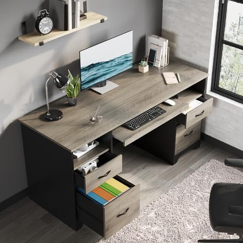 Bestier 59 Inch Office Desk with 4 Drawers, Computer Desk with Storage, Executive Desk with File Drawer, Keyboard Tray & 2 Pedestals on Both Sides for Home Office, Studio, Grey&Black