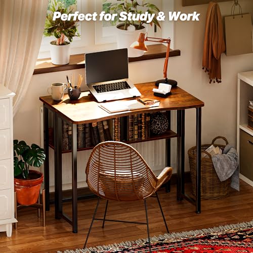 Huuger Folding Desk with Storage Shelf, 31.5 Inch Foldable Computer Table for Small Spaces, Space Saving Sofa Table for Couch, Writing Work Office Computer Desk, Easy to Fold, Rustic Brown