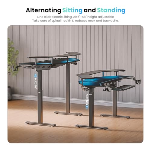 EUREKA ERGONOMIC Gaming Desk, Standing Desk w Keyboard Tray, 72" Wing Shaped Music Studio Table with LED Shelves, Gaming Recording Live Stream, Slot Design