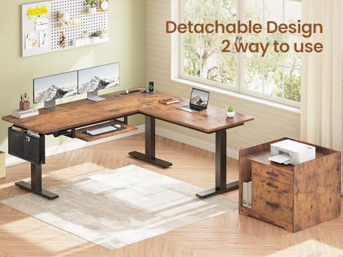 SEDETA L Shaped Electric Standing Desk with File Cabinet, 63 x 53'' Height Adjustable Home Office Computer Desk with 3 Drawers, Power Outlet, Stand up Gaming Table with Led Lights, Rustic Brown