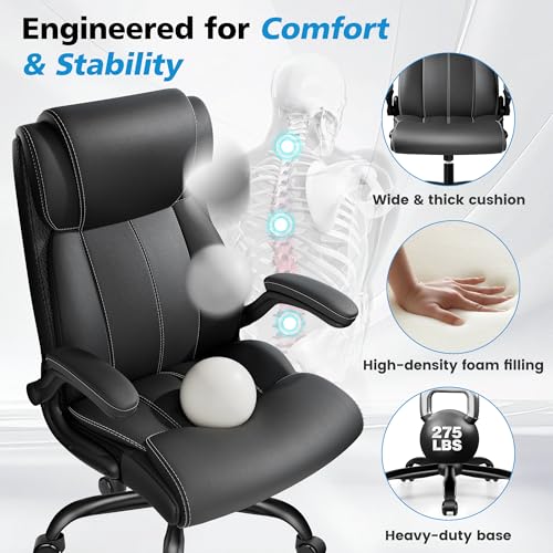 Stella Mia Ergonomic Office Chair – High Back Executive Leather Desk Chair with Inflatable Lumbar Support for Back Pain, Heavy-Duty Computer Desk Chair for Long Workdays, Black