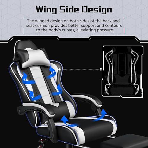 Yaheetech Gaming Chair with Electric Massage Lumbar Support, Footrest & Headrest — Ergonomic High Back Recliner for Home Office, Computer Desk Chair, Height Adjustable, 300 lbs, Black/White