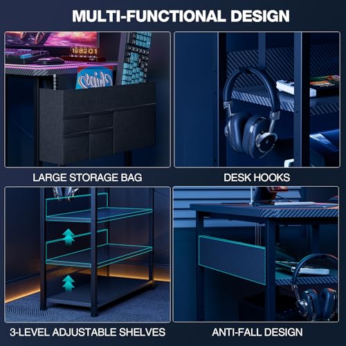Acrolix L Shaped Gaming Desk 40 Inch - Computer Corner Desk with Power Outlets, Reversible Shelves & Storage Bag for Home Office, PC Gaming Table, Black Carbon