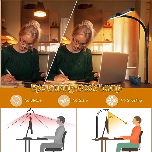 MACASA LED Desk Lamp for Office Dorm Home - Eye Caring Desk Light with Timer, Remote Control 24W Brightest Dual Screen Computer Monitor Gooseneck Dimmable Table lamp with Anti-Glare Cover Clamp