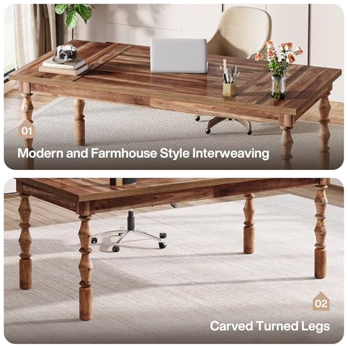 Tribesigns Large Executive Office Desk, 62.2-Inch Farmhouse Modern Computer Desk, Mid Century Study Writing Table Workstations Business Office Furniture with Carved Turned Legs (Walnut)
