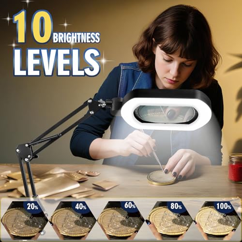 12X Square Magnifying Glass with Light and Stand with 144 LEDs Brightness, 5 Color Modes Hands Free Lighted Magnifying Glass, 10 Dimmable Brightness Magnifying Desk Lamp for Close Work Craft Reading