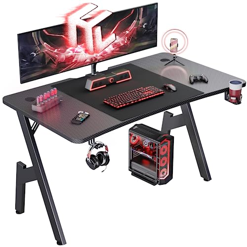 HLDIRECT 47 Inch Gaming Desk, Large Computer Gaming Desk Table with Cable Management, Ergonomic Carbon Fiber Gamer Table Pc Work Home Office Desks with Cup Holder & Headphone Hook & Mouse Pad, Black