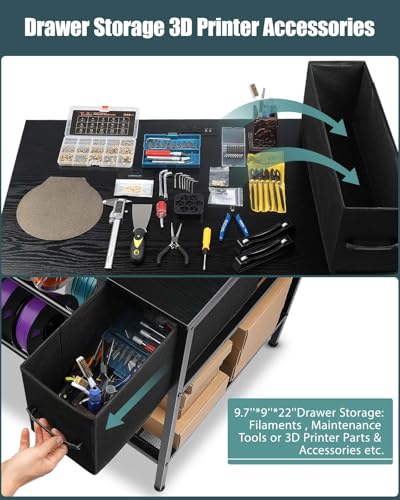 3D Printer Table with Filaments Storage - 3D Printer Stand Filament Storage Rack Heavy Duty 3D Print Desk with Drawer for Workshop Studio Office (Black)